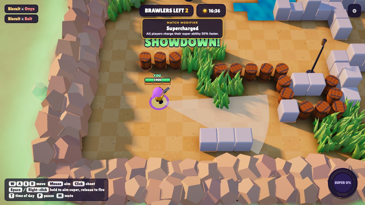 Overhead Skill Rivals match view showing the arena, in-game HUD, and movement and aim controls