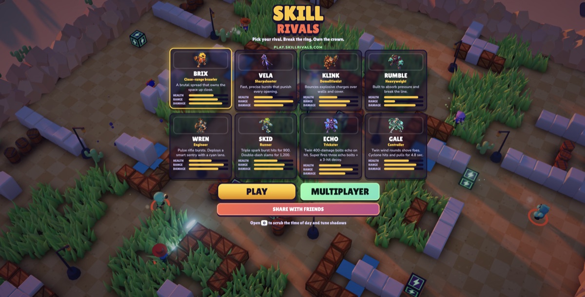 Skill Rivals arena key art featuring Brix and rival fighters